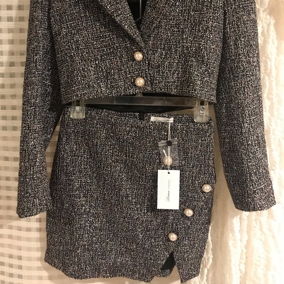 Lovers + Friends Jackets & Blazers - Revolve Tweed suit blazer and skirt with pear details.